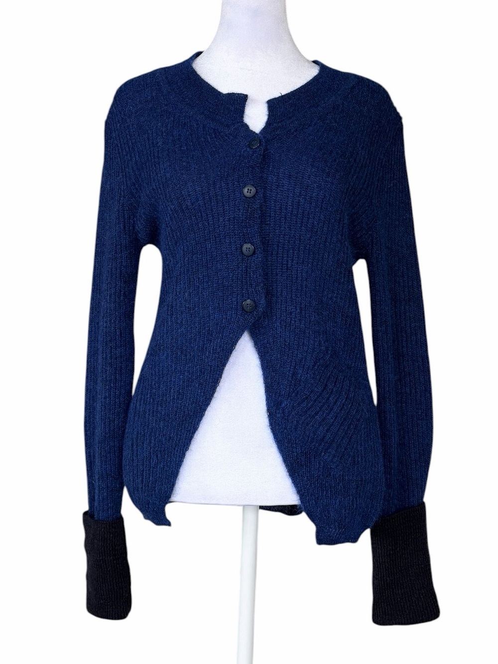 Lilith Alpaca Blend Women's Navy Button-Up Knit Cardigan with Contrast Cuffs